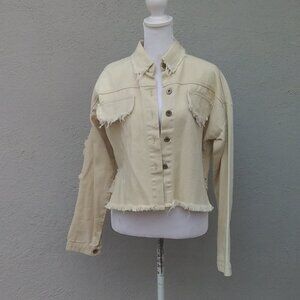 POL Women's Jacket Distressed and Destroyed Beige Cropped Button Down Med